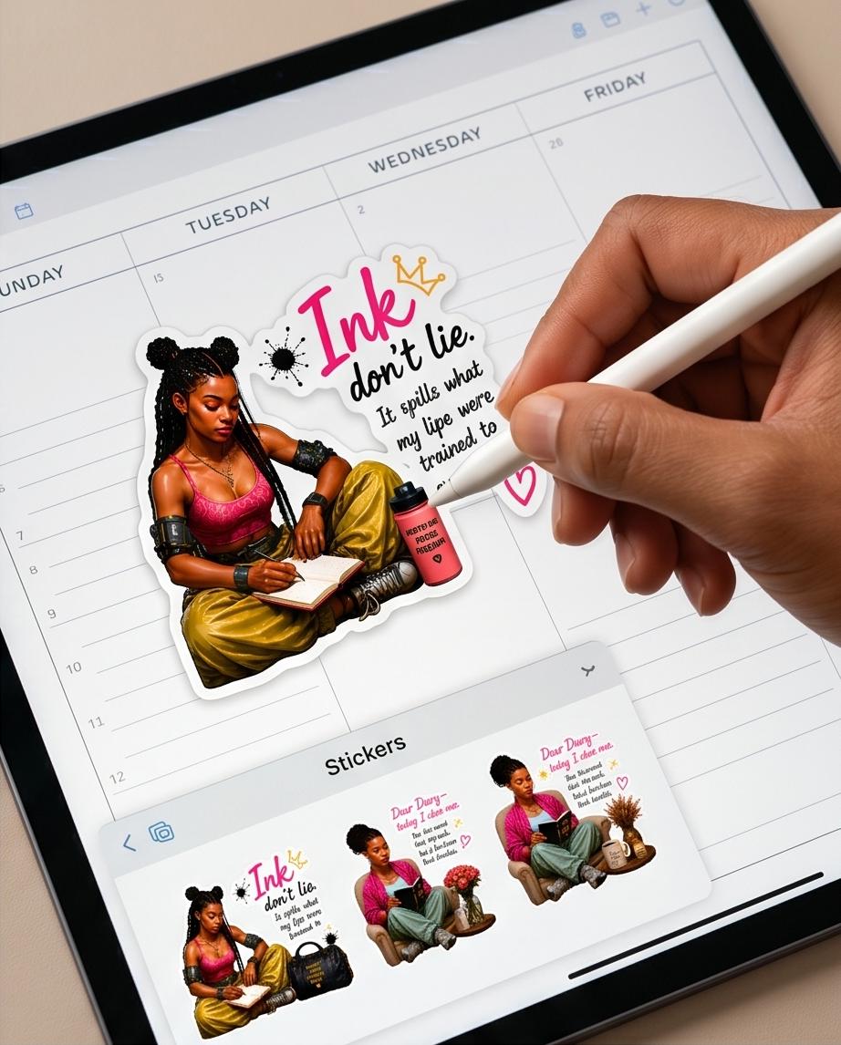Black Girl Who Journals PNG Sticker Set | Empowering Affirmation Download