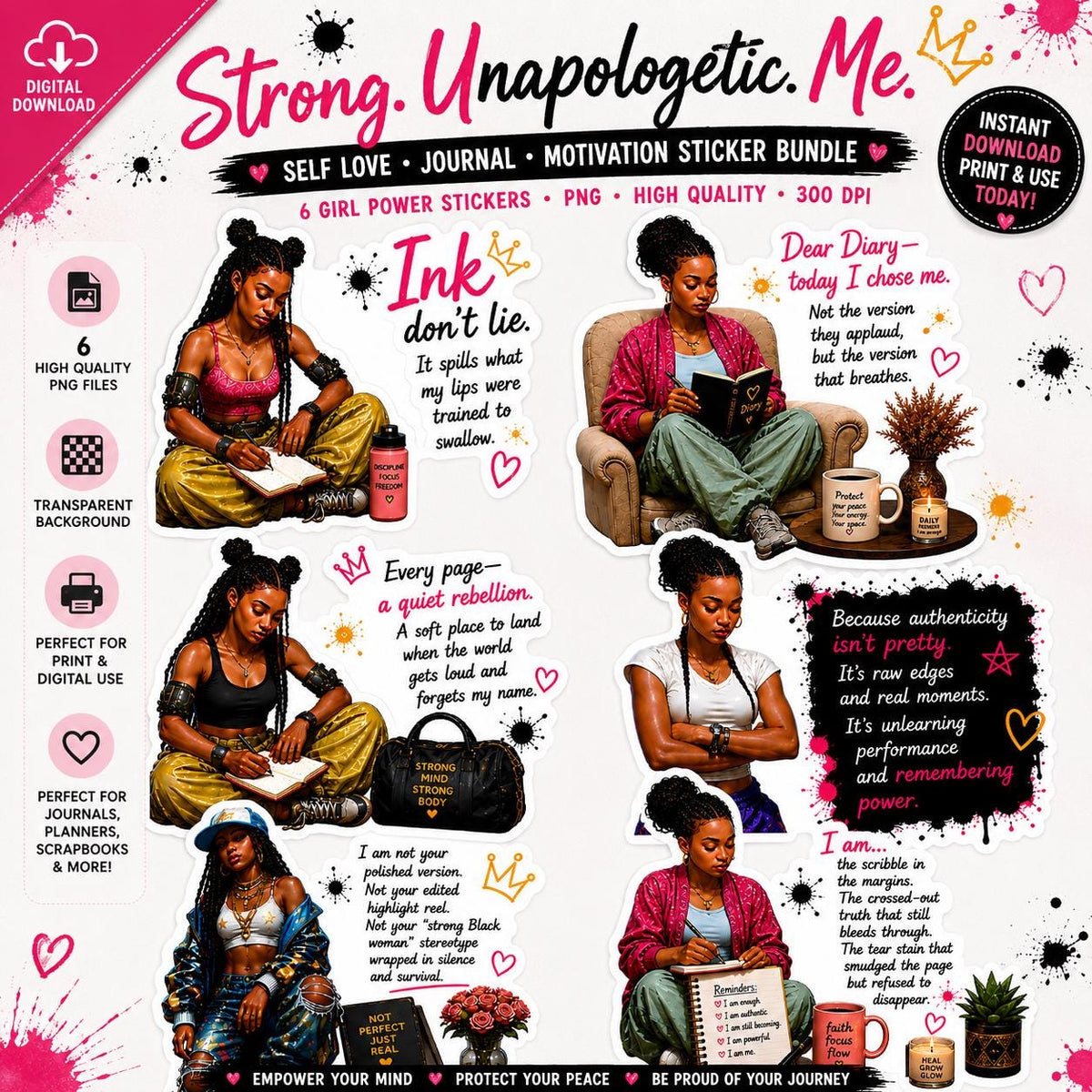 Black Girl Who Journals PNG Sticker Set | Empowering Affirmation Download