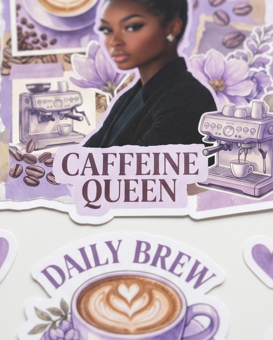 Black Woman Coffee Lover Planner Stickers | Lavender Aesthetic Vinyl Decals | Journal, Laptop & Water Bottle Stickers