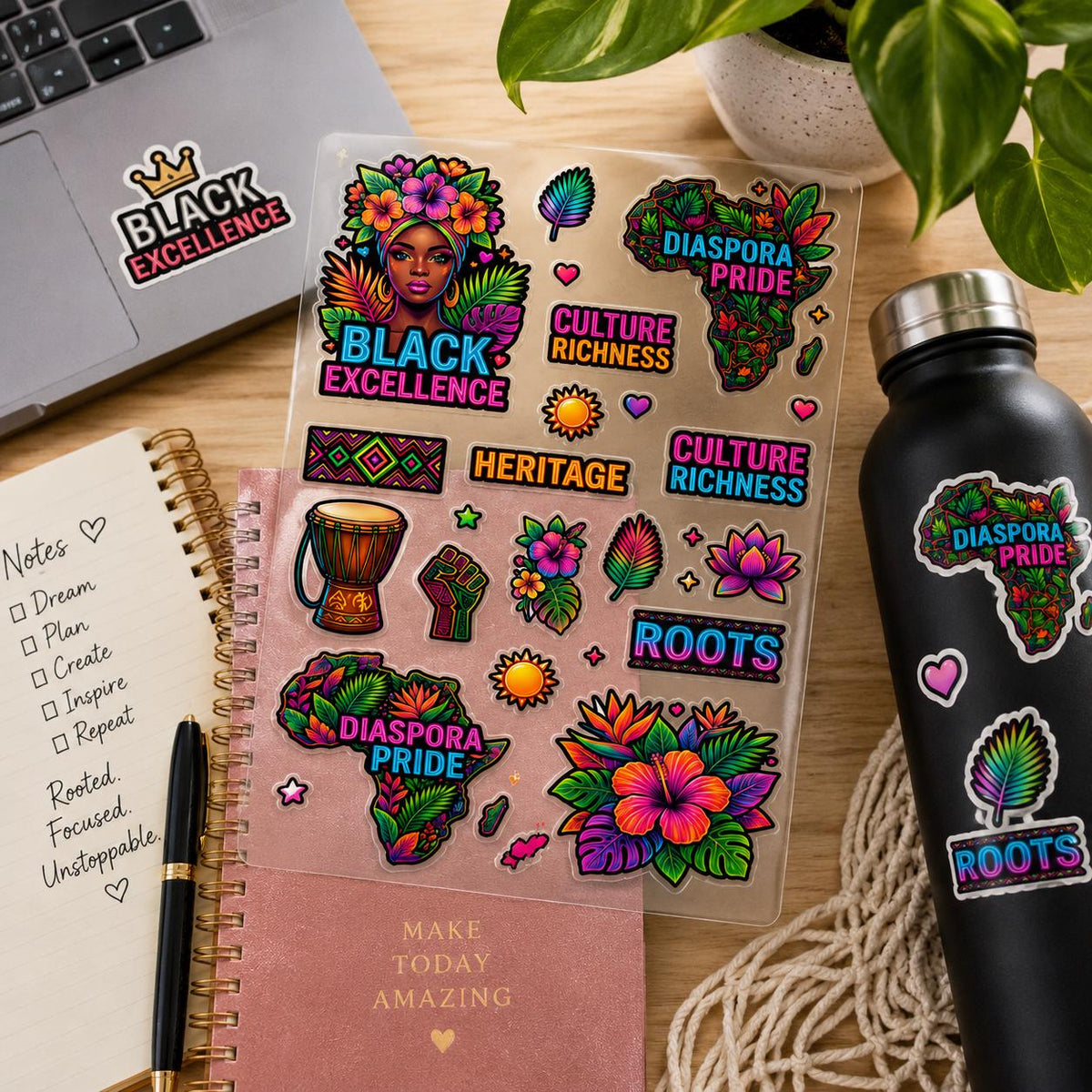 Black Excellence Vinyl Sticker Sheet | Diaspora Pride Glossy Transparent Stickers | Afro Culture Journal Laptop Planner Decals