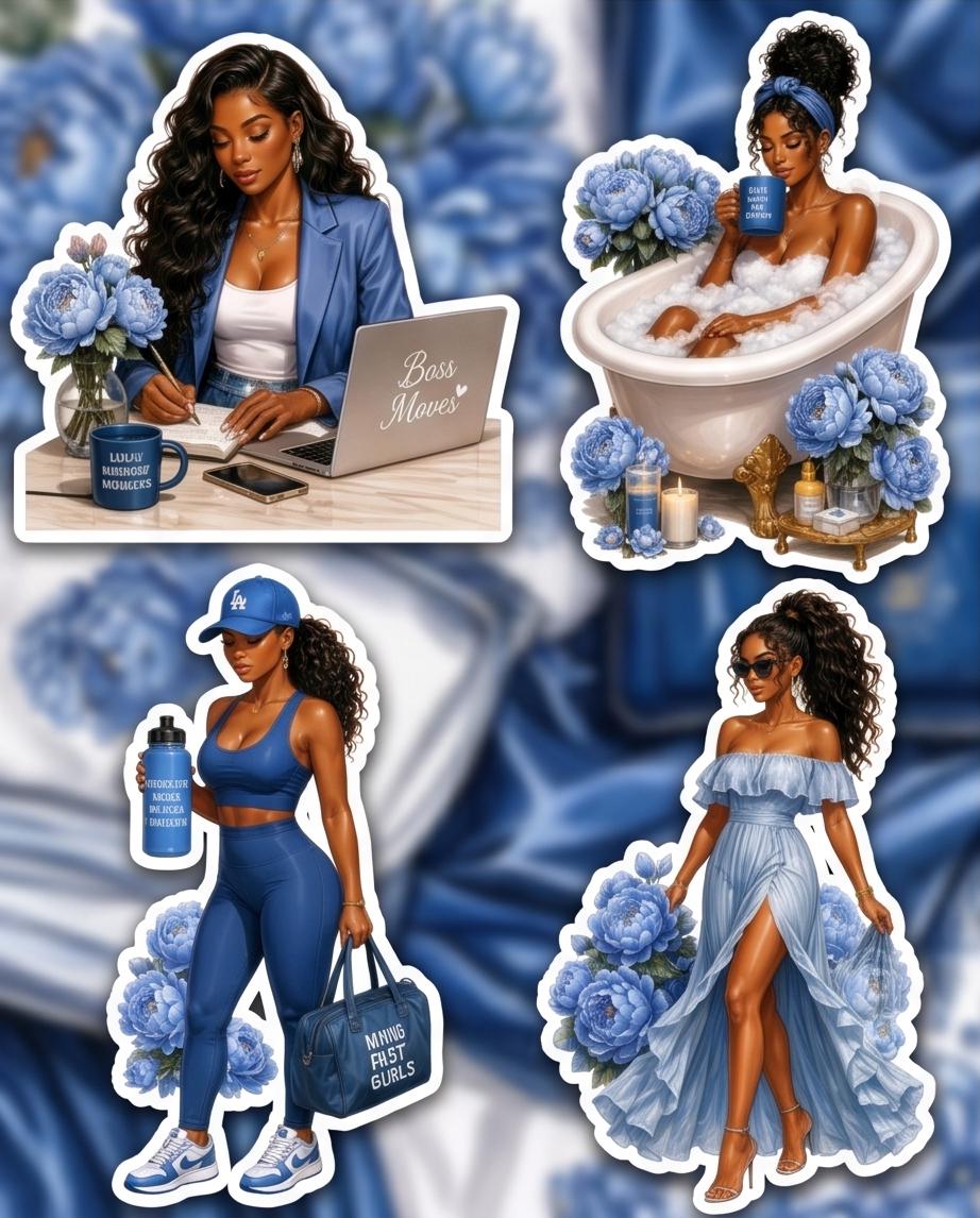 Black Girl Who Journals Blue Serenity Journal Dolls Vinyl Sticker Set | Black Girl Lifestyle  | Blue Aesthetic Planner