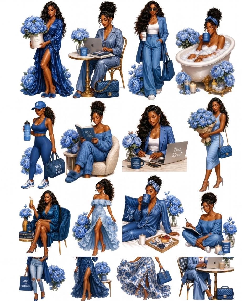 Black Girl Who Journals Blue Serenity Journal Dolls Vinyl Sticker Set | Black Girl Lifestyle  | Blue Aesthetic Planner