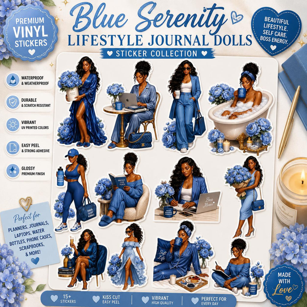 Black Girl Who Journals Blue Serenity Journal Dolls Vinyl Sticker Set | Black Girl Lifestyle  | Blue Aesthetic Planner