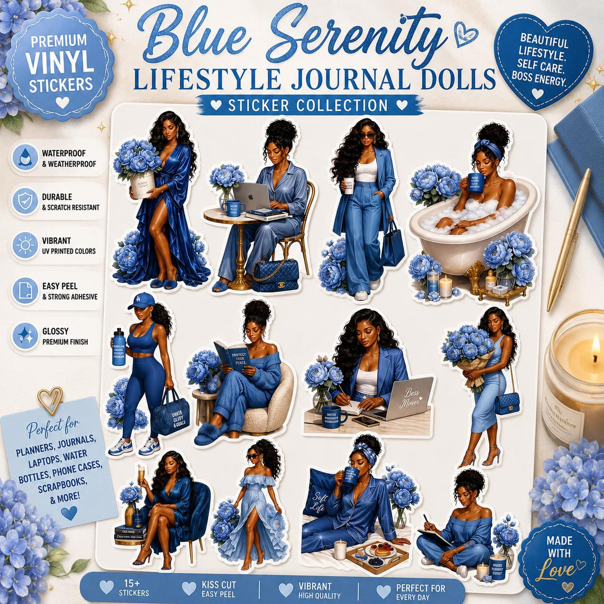 Black Girl Who Journals Blue Serenity Journal Dolls Vinyl Sticker Set | Black Girl Lifestyle  | Blue Aesthetic Planner