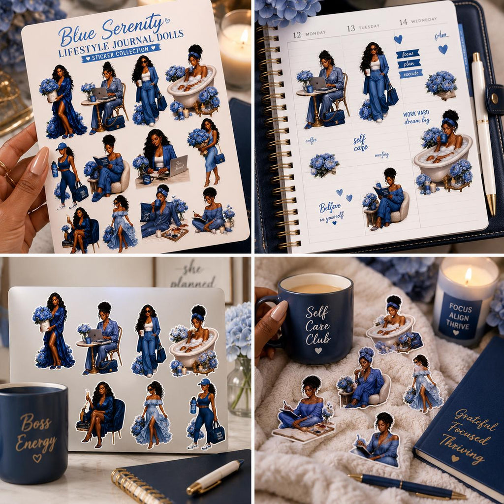 Black Girl Who Journals Blue Serenity Journal Dolls Vinyl Sticker Set | Black Girl Lifestyle  | Blue Aesthetic Planner