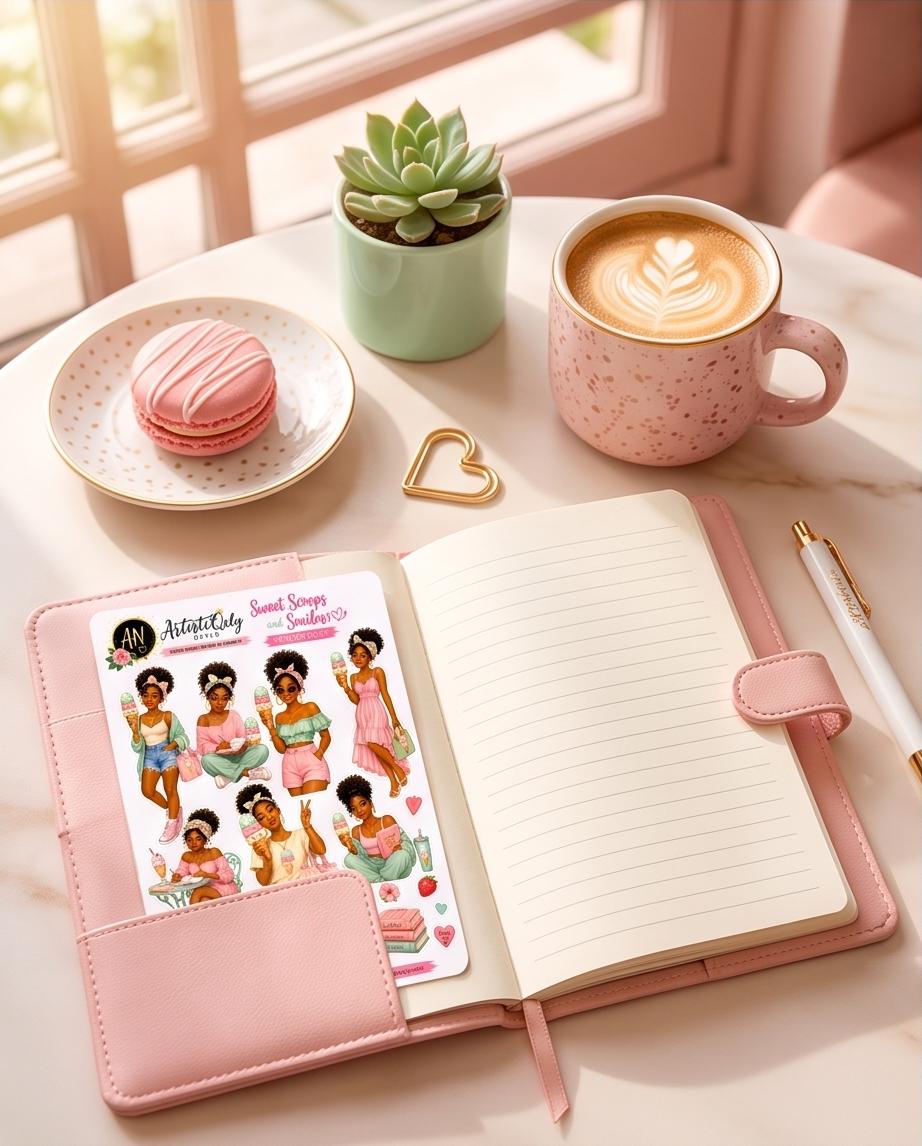 Black Girl Summer Planner Stickers | Kawaii Ice Cream Journal Dolls | Pastel Planner Junk Journaling | Sweet Scoops Society