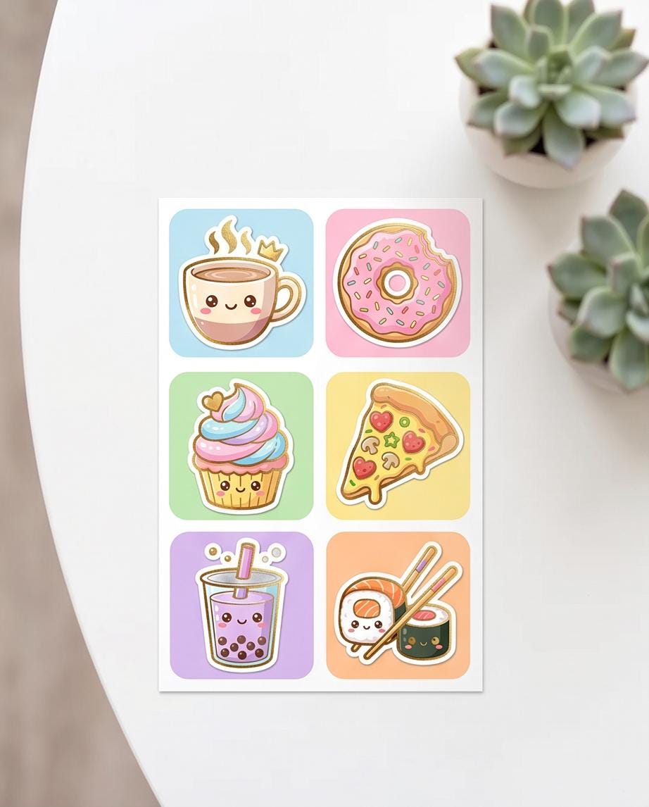 Kawaii Treats Cute Food Vinyl Sticker Sheet | Bubble Tea Donut Pizza Sushi Cupcake | Waterproof Planner Laptop Decals