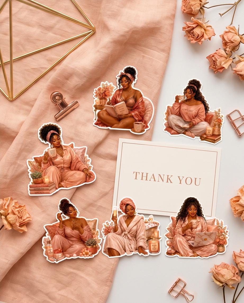 Black Girl Journaling Doll Stickers | African American Vinyl Planner ArtSoft Life Sanctuary Peach Self-Love Society Journal Dolls Sticker Se