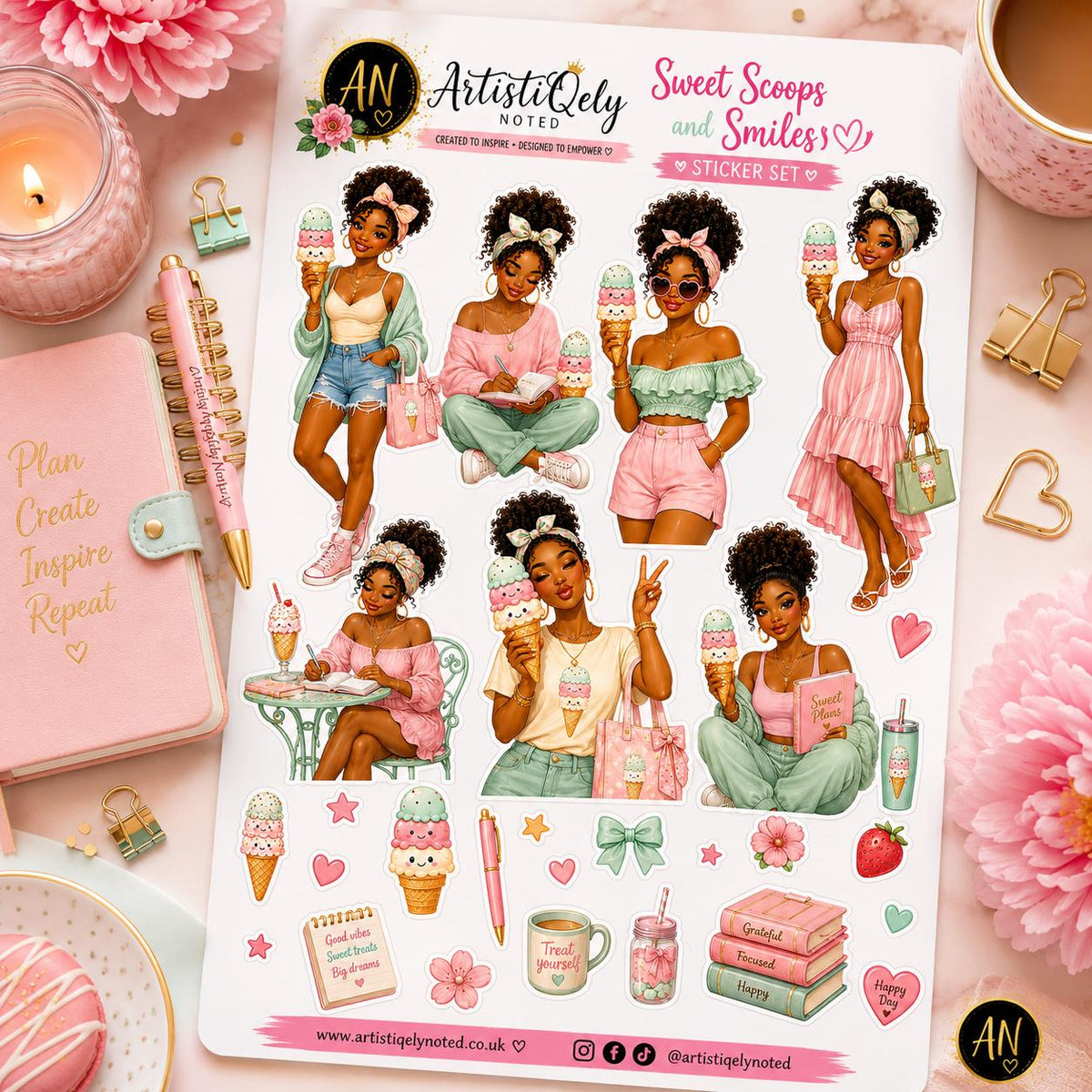 Black Girl Summer Planner Stickers | Kawaii Ice Cream Journal Dolls | Pastel Planner Junk Journaling | Sweet Scoops Society