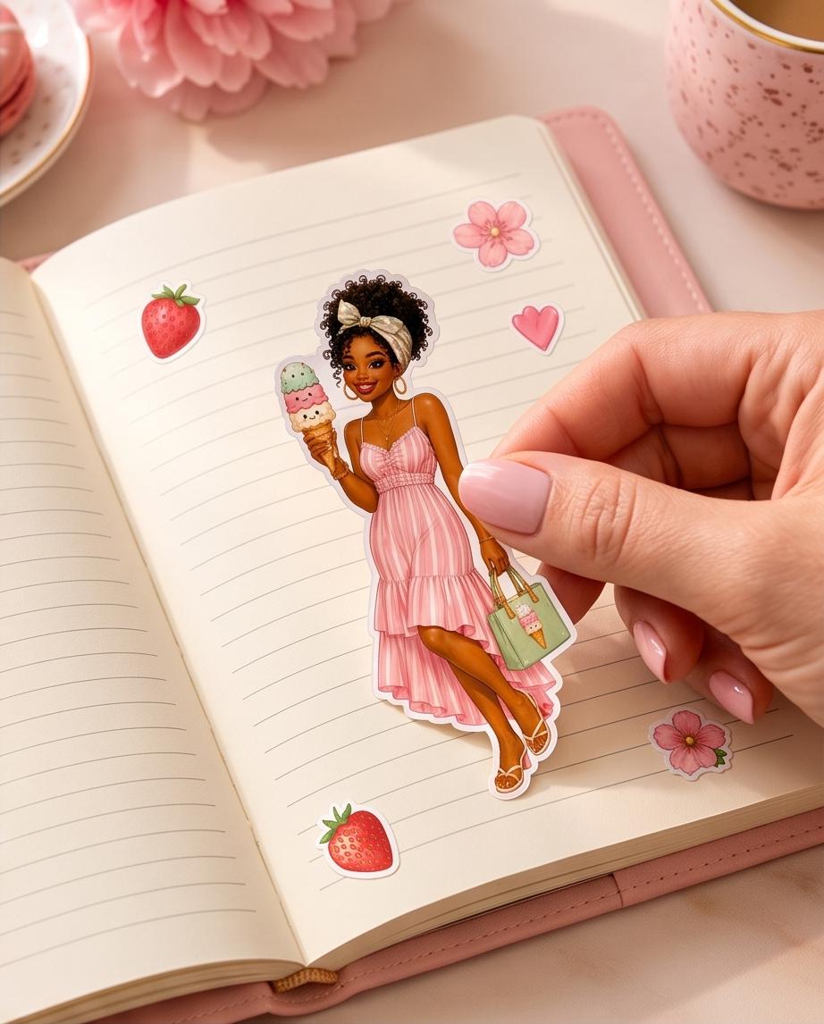 Black Girl Summer Planner Stickers | Kawaii Ice Cream Journal Dolls | Pastel Planner Junk Journaling | Sweet Scoops Society