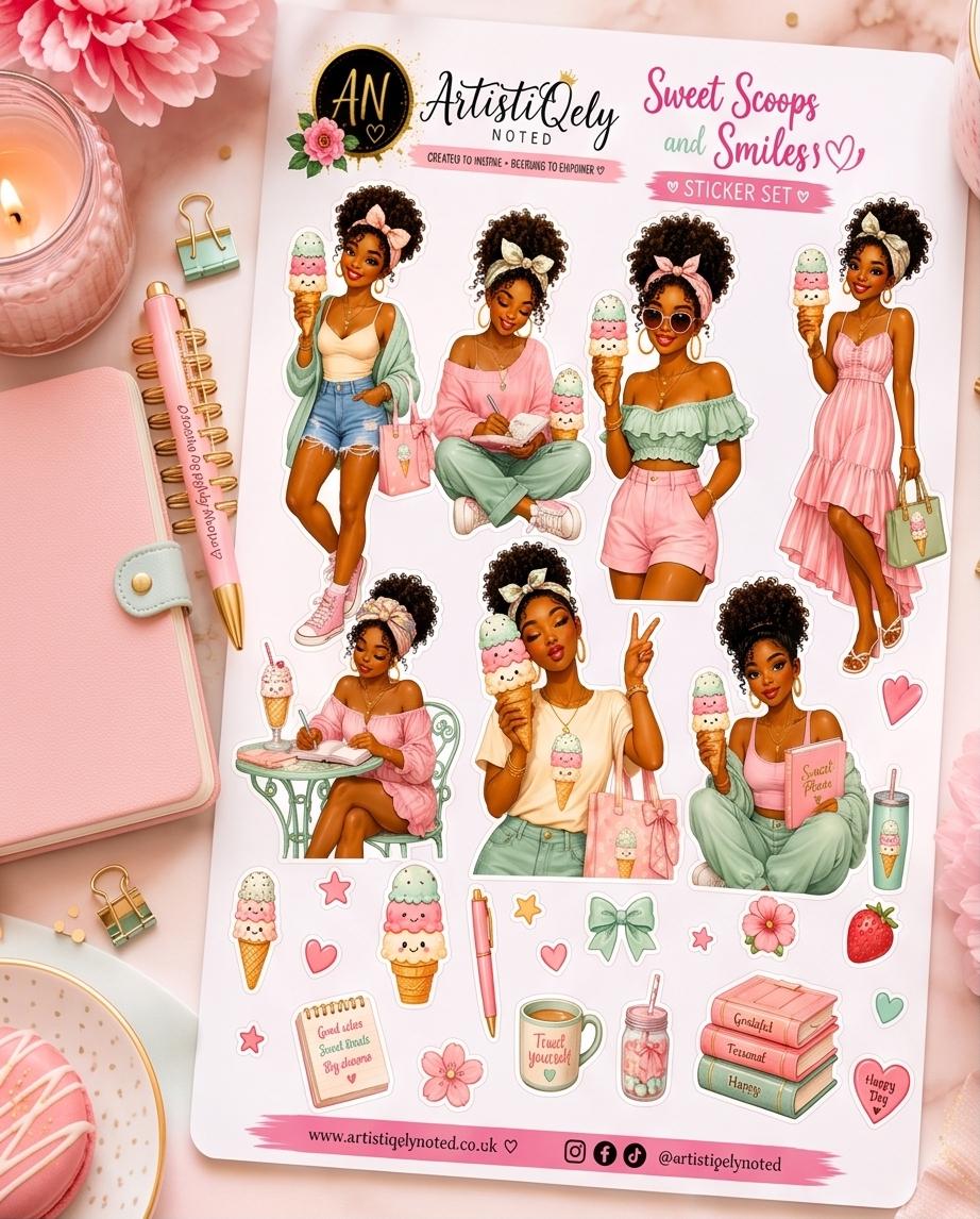 Black Girl Summer Planner Stickers | Kawaii Ice Cream Journal Dolls | Pastel Planner Junk Journaling | Sweet Scoops Society
