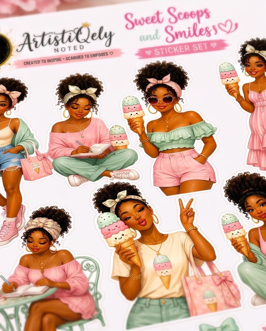 Black Girl Summer Planner Stickers | Kawaii Ice Cream Journal Dolls | Pastel Planner Junk Journaling | Sweet Scoops Society
