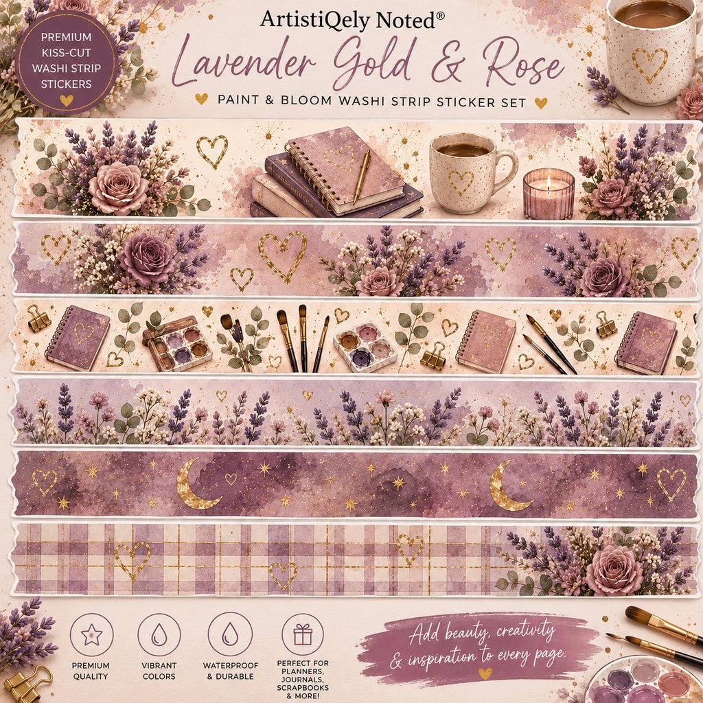 18 Lavender & Rose Cottage Washi Tape Sticker Set | Purple Floral Washi Strips | Planner Washi Stickers | Journal Borders
