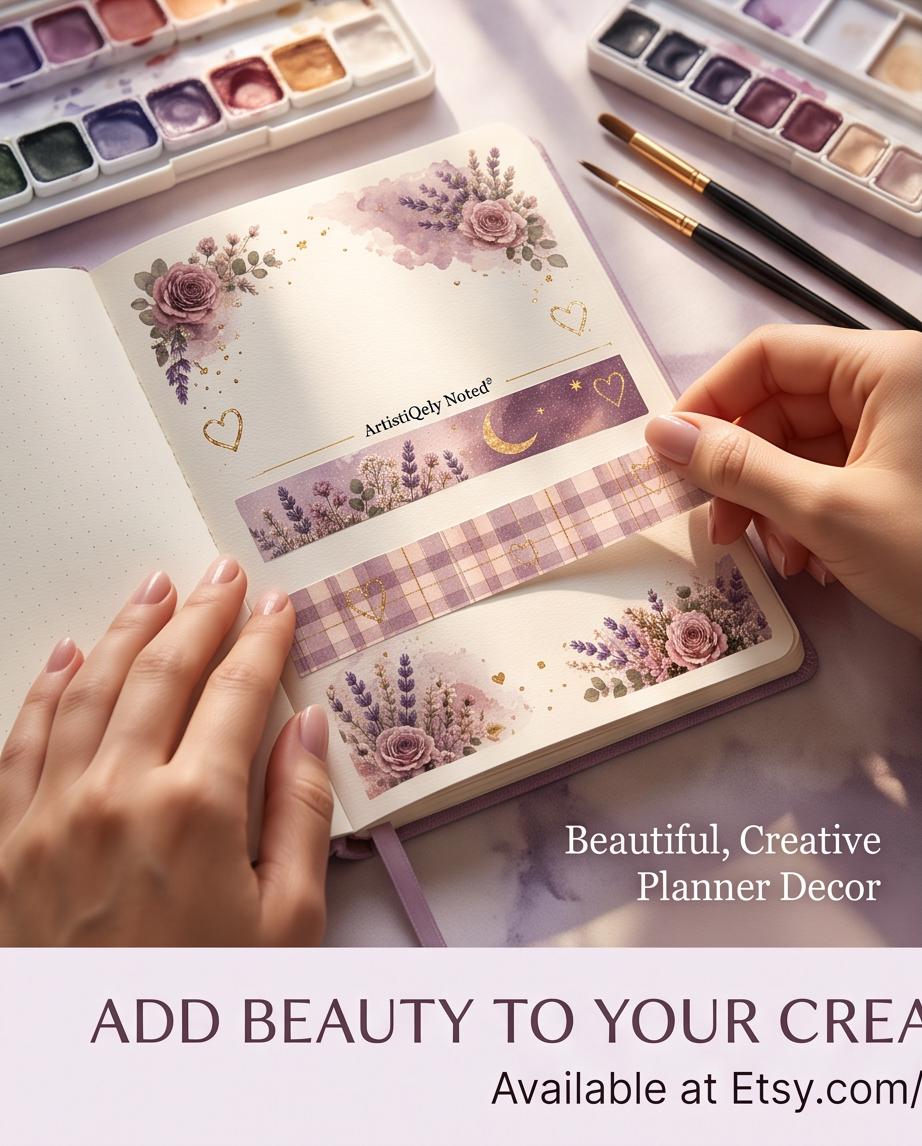 18 Lavender & Rose Cottage Washi Tape Sticker Set | Purple Floral Washi Strips | Planner Washi Stickers | Journal Borders