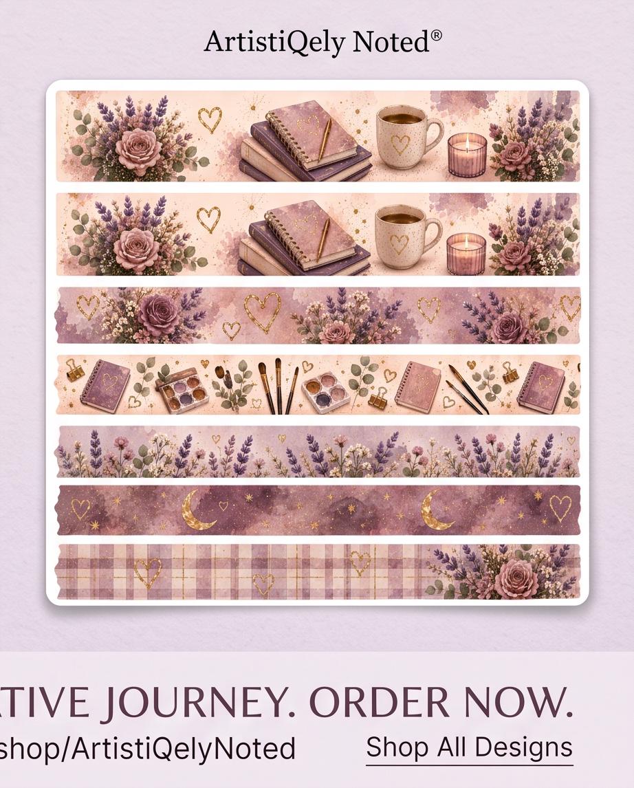 18 Lavender & Rose Cottage Washi Tape Sticker Set | Purple Floral Washi Strips | Planner Washi Stickers | Journal Borders