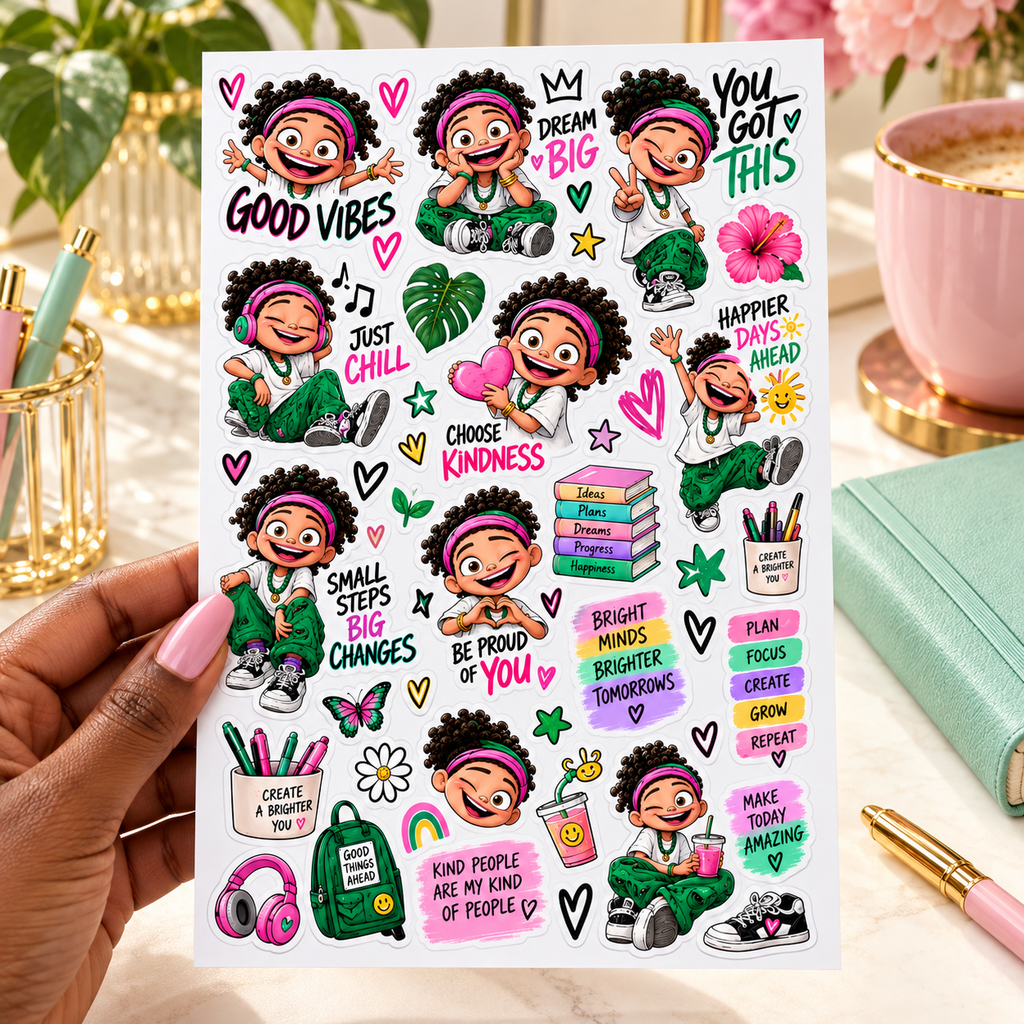 Joyful Vibes — hand luxury sticker sheet lifestyle mockup