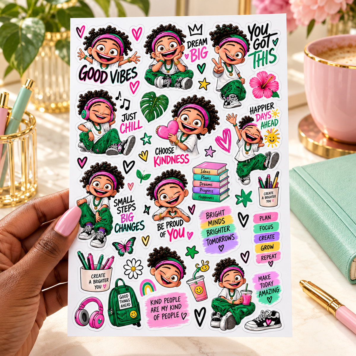 Joyful Vibes — hand luxury sticker sheet lifestyle mockup