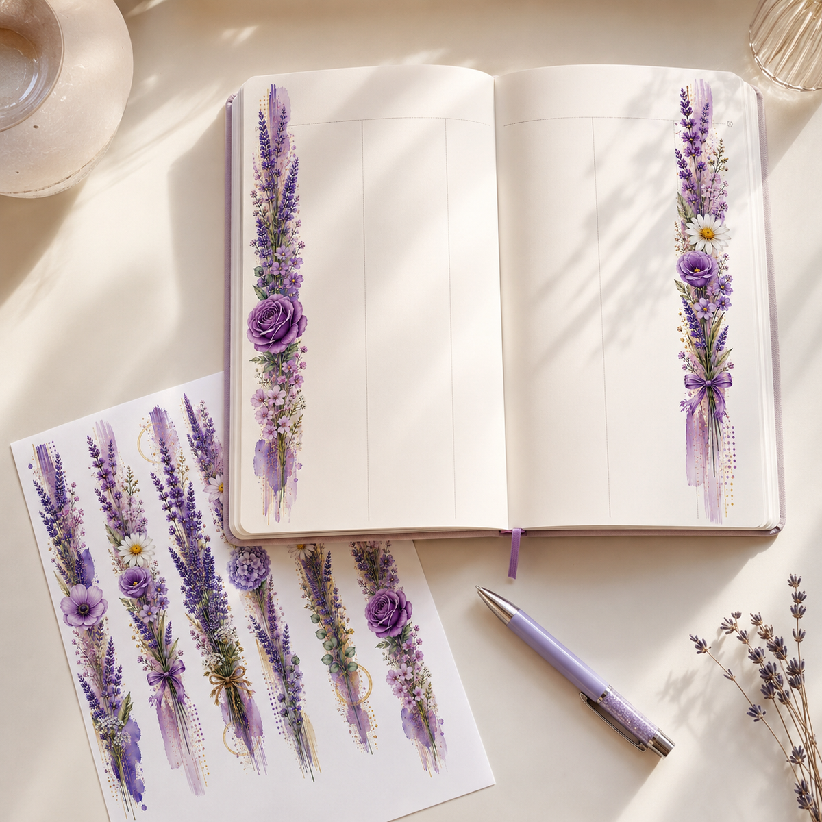 Lavender floral border stickers decorating an open planner