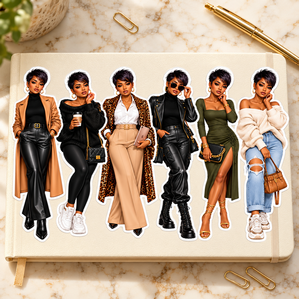 City Chic Fashion Dolls sticker sheet on a cream notebook