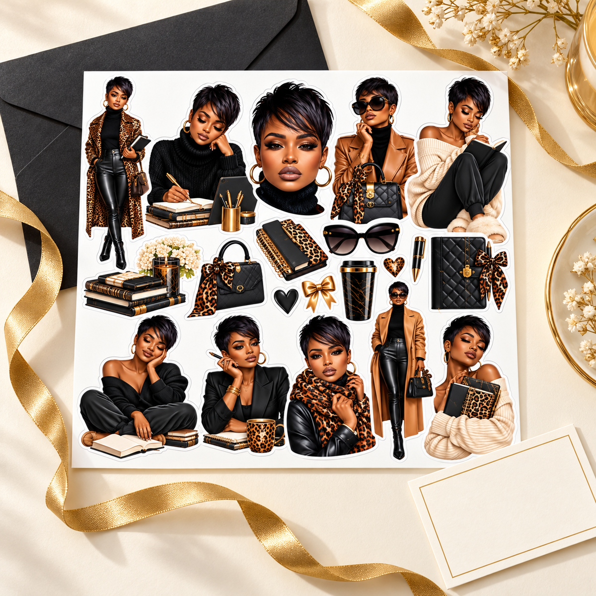 Leopard Luxe sticker sheet with gift envelope and gold ribbon