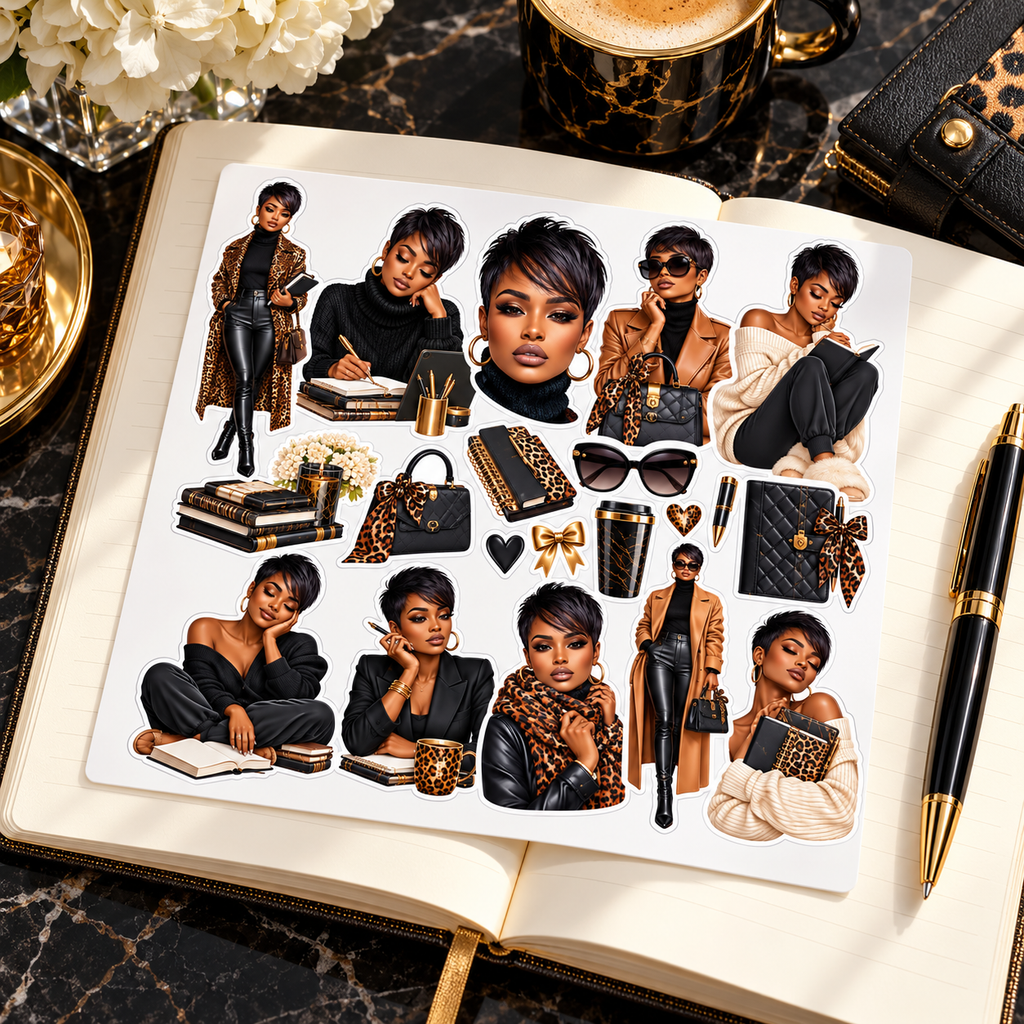 Leopard Luxe Journal Edit sticker sheet on an ivory journal and black marble desk