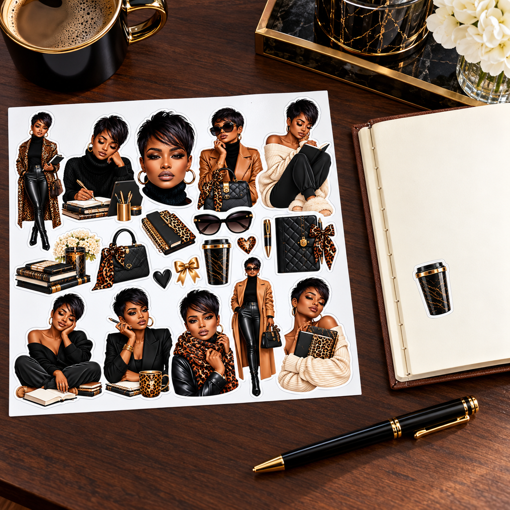 Leopard Luxe sticker sheet beside a bound journal