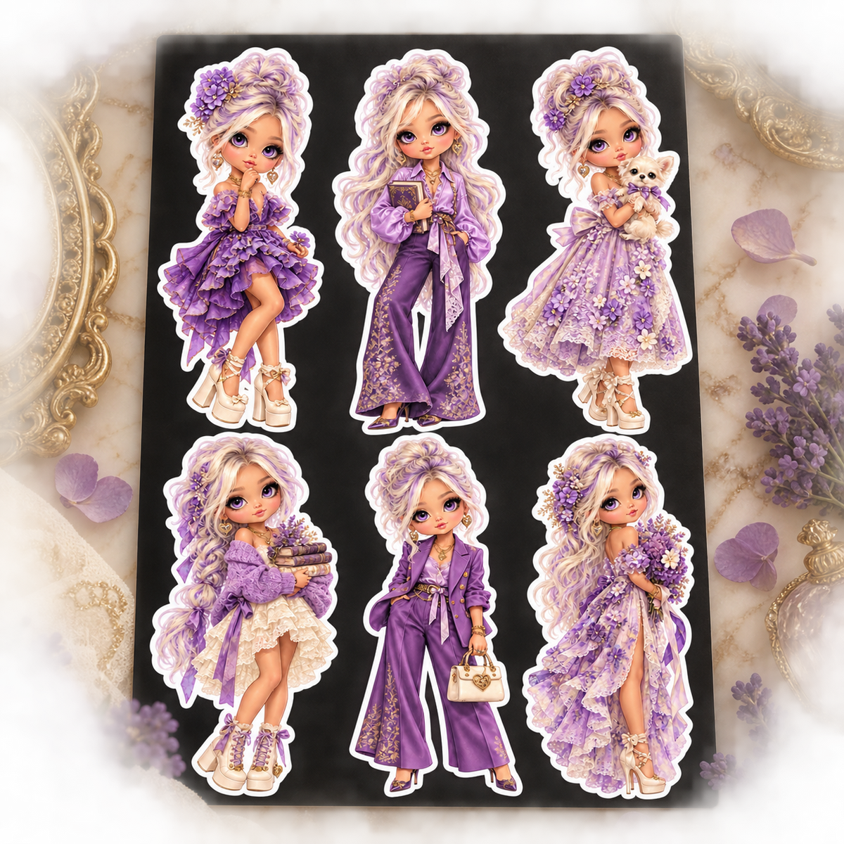 Lilac Moonlight Enchanted Dolls six sticker sheet close up