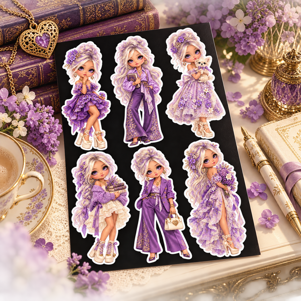 Enchanted Dolls sticker sheet on luxe lilac desk