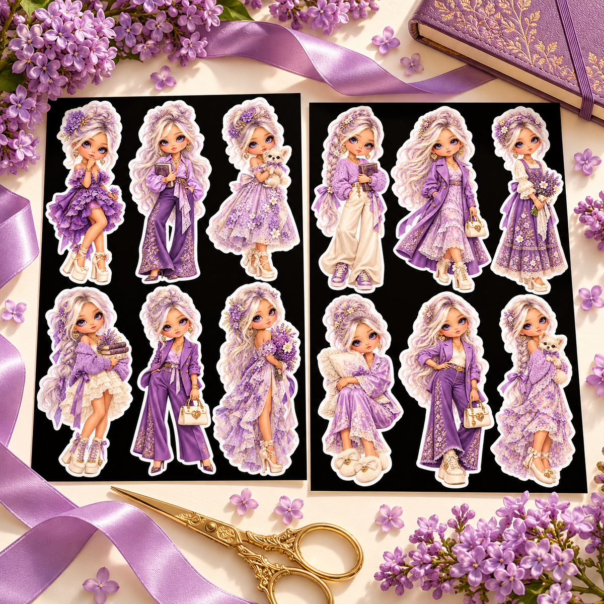 Both Lilac Moonlight sticker sheet designs with ribbon and flowers