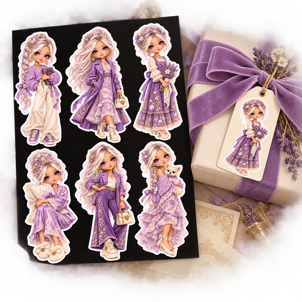 Dream Wardrobe sticker sheet with lilac gift wrapping