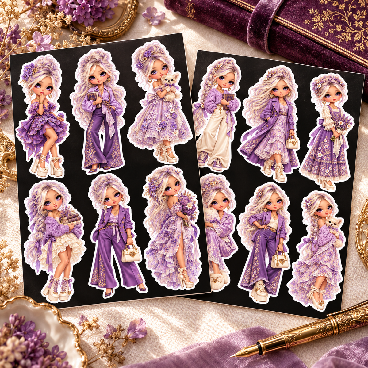 Lilac Moonlight two sticker sheet designs on an ivory desk