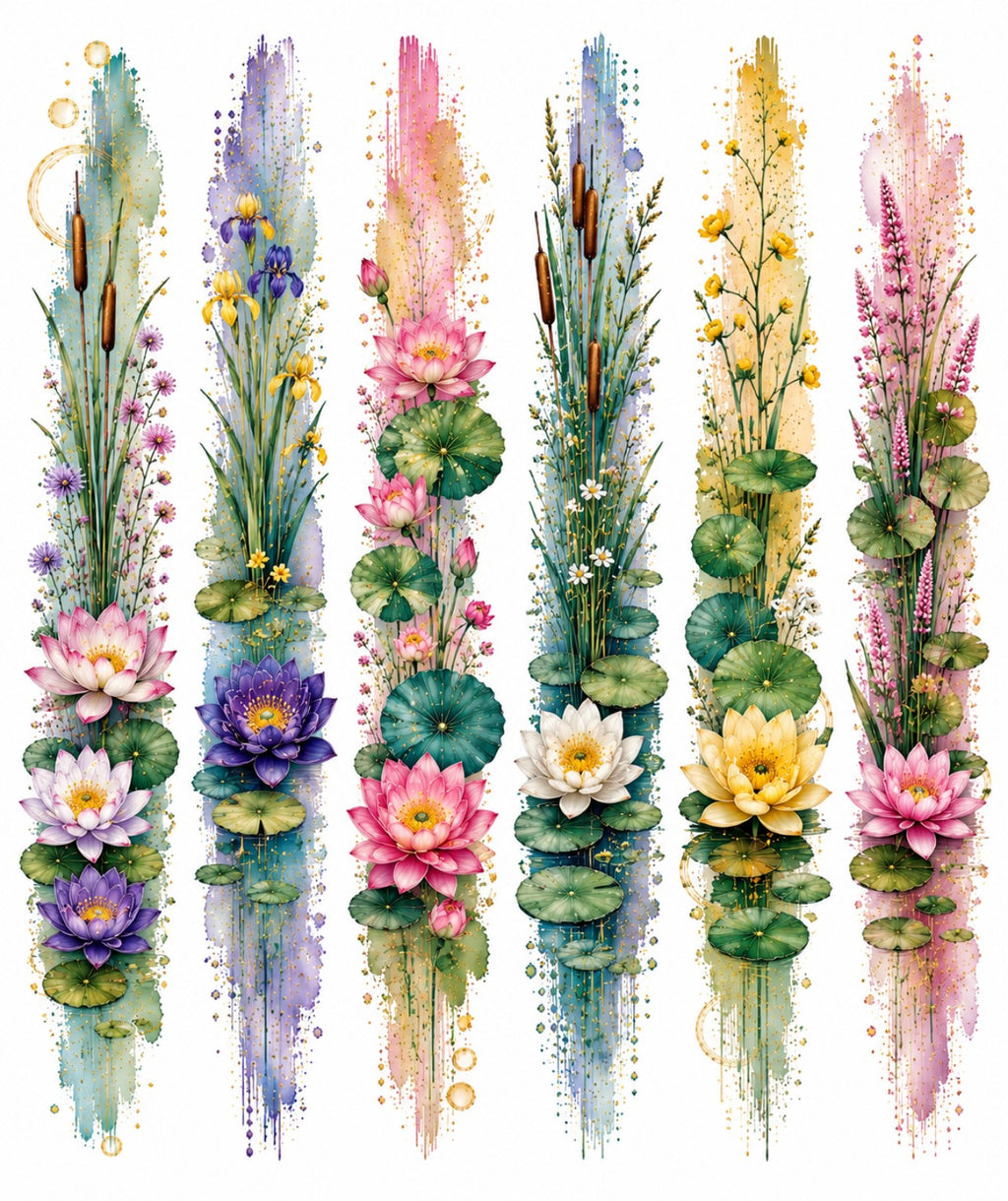 Lotus Garden watercolour border sticker sheet design