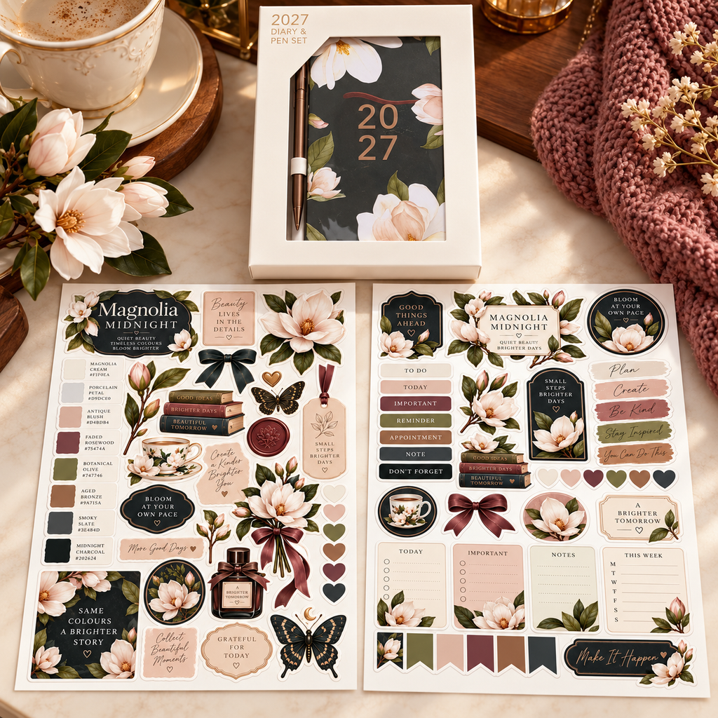 Magnolia Midnight 2027 diary set beside coffee and rosewood knit fabric