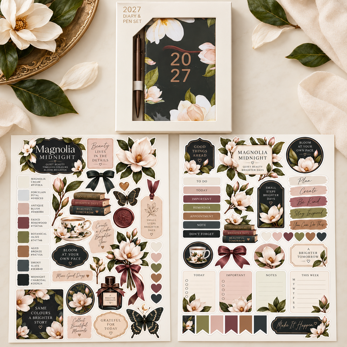 Boxed floral 2027 diary and pen with full decorative and functional sticker sheets