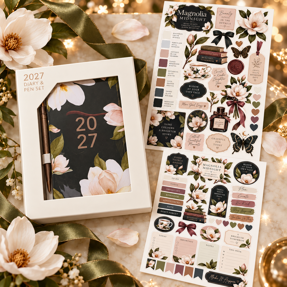 Magnolia 2027 diary and pen set with sticker sheets styled with olive ribbon and flowers