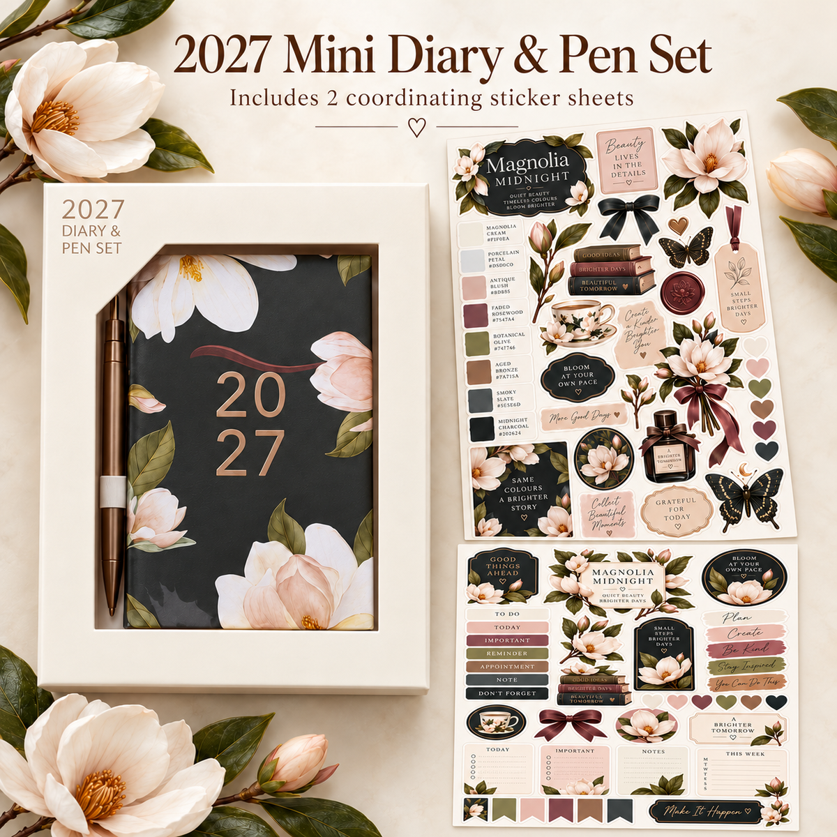 2027 mini diary pen set contents guide with two coordinating magnolia sticker sheets