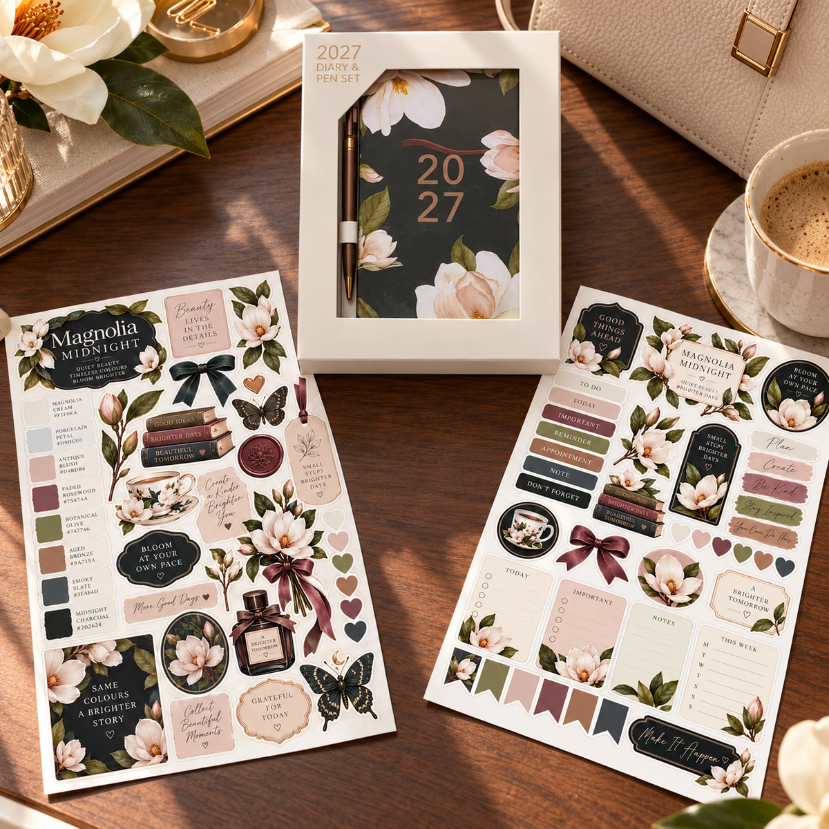 Magnolia Midnight diary gift set beside a handbag on a walnut desk