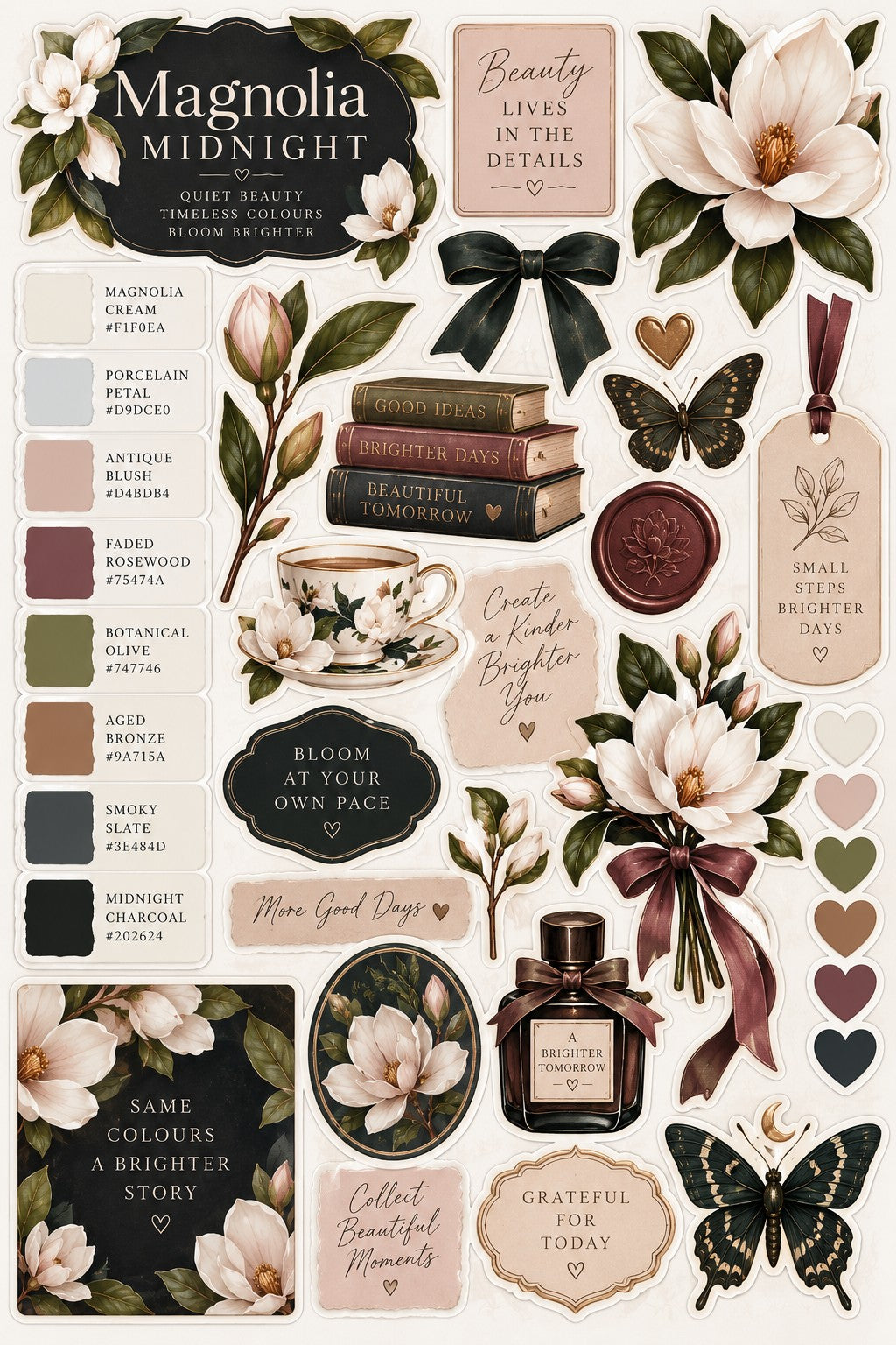 Magnolia Midnight decorative sticker sheet with cream flowers olive leaves butterflies bows and affirmations