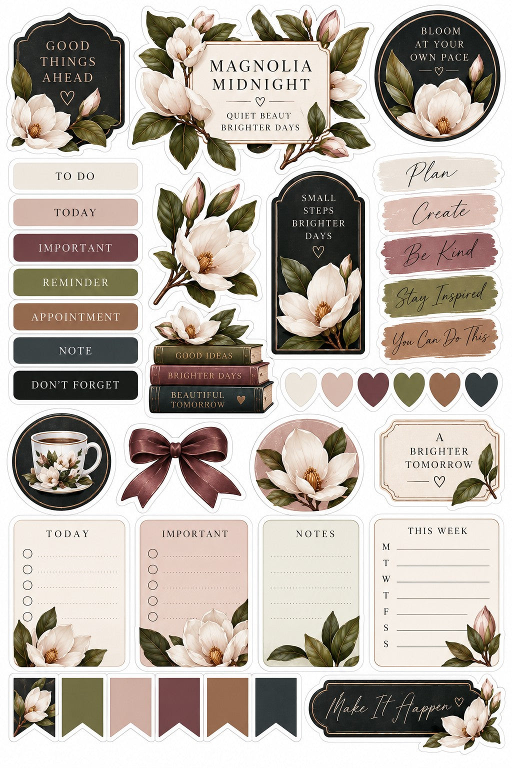 Magnolia Midnight functional planner sticker sheet with labels checklists note boxes and weekly planner