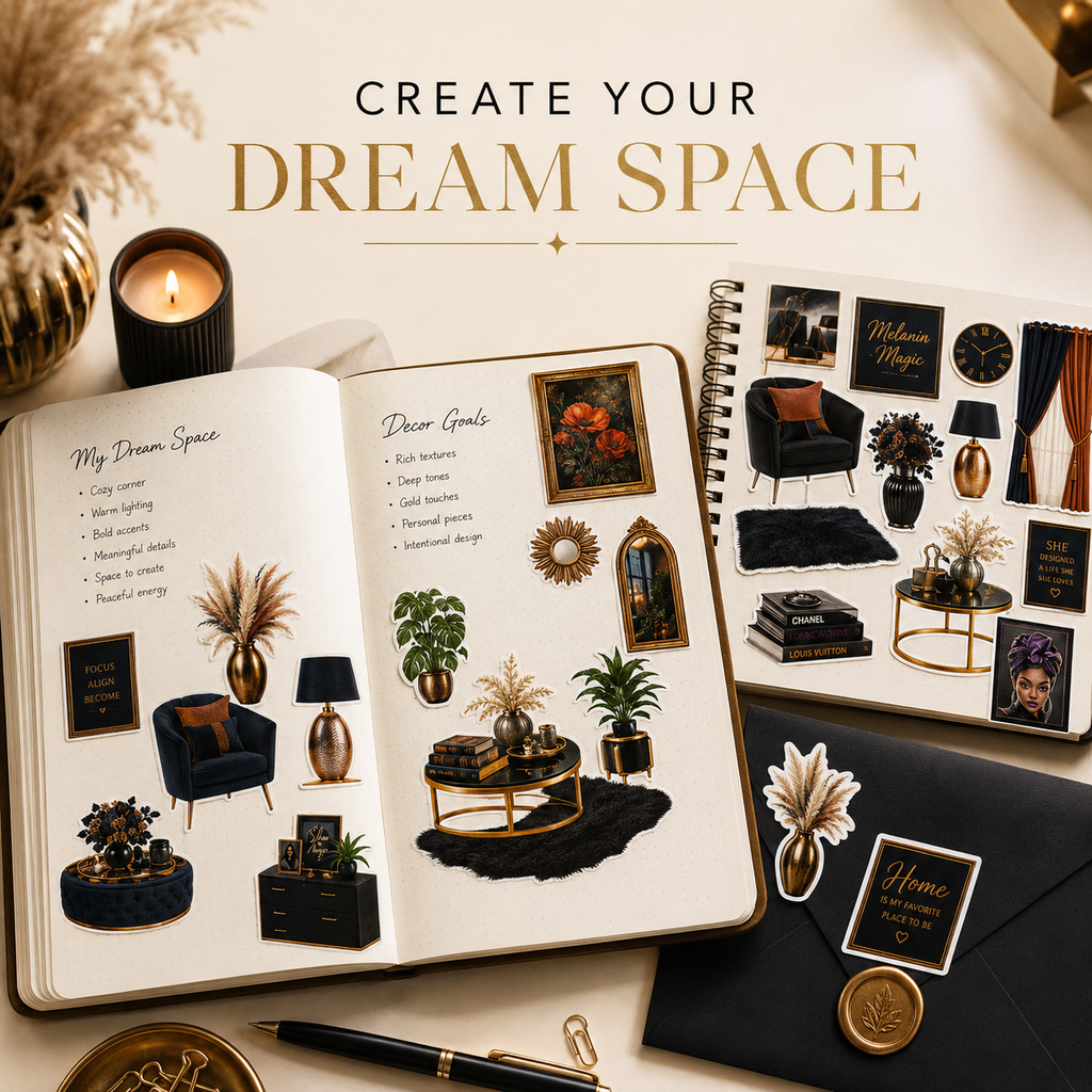 Home decor stickers used across creative journal pages