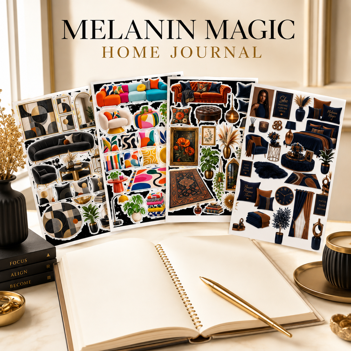 Melanin Magic Home Journal decor sticker collection styled with an open journal