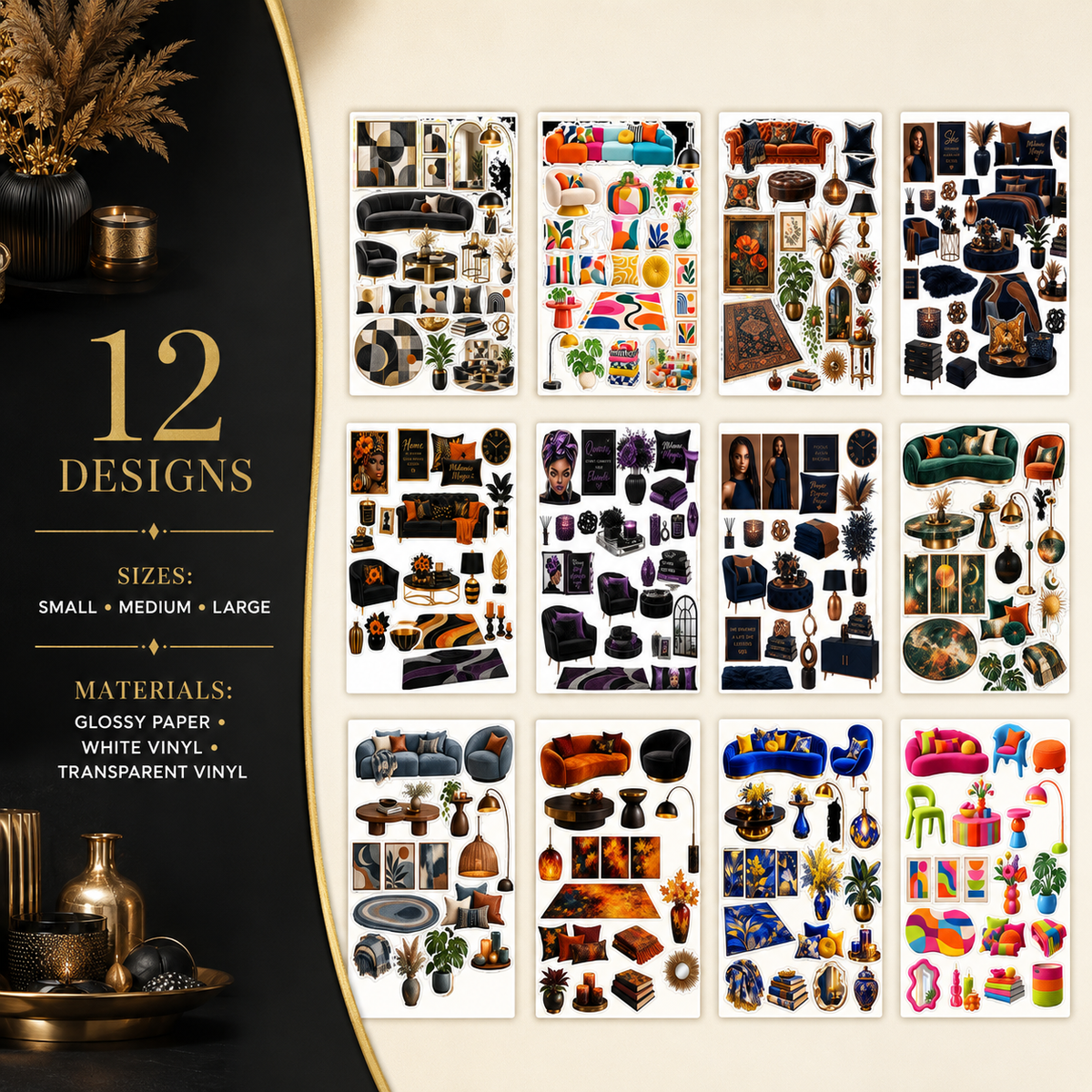 Guide showing 12 designs, three sizes and three sticker materials