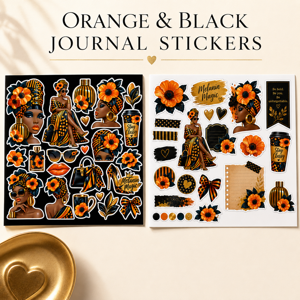 Orange and black journal sticker sheets shown front-facing