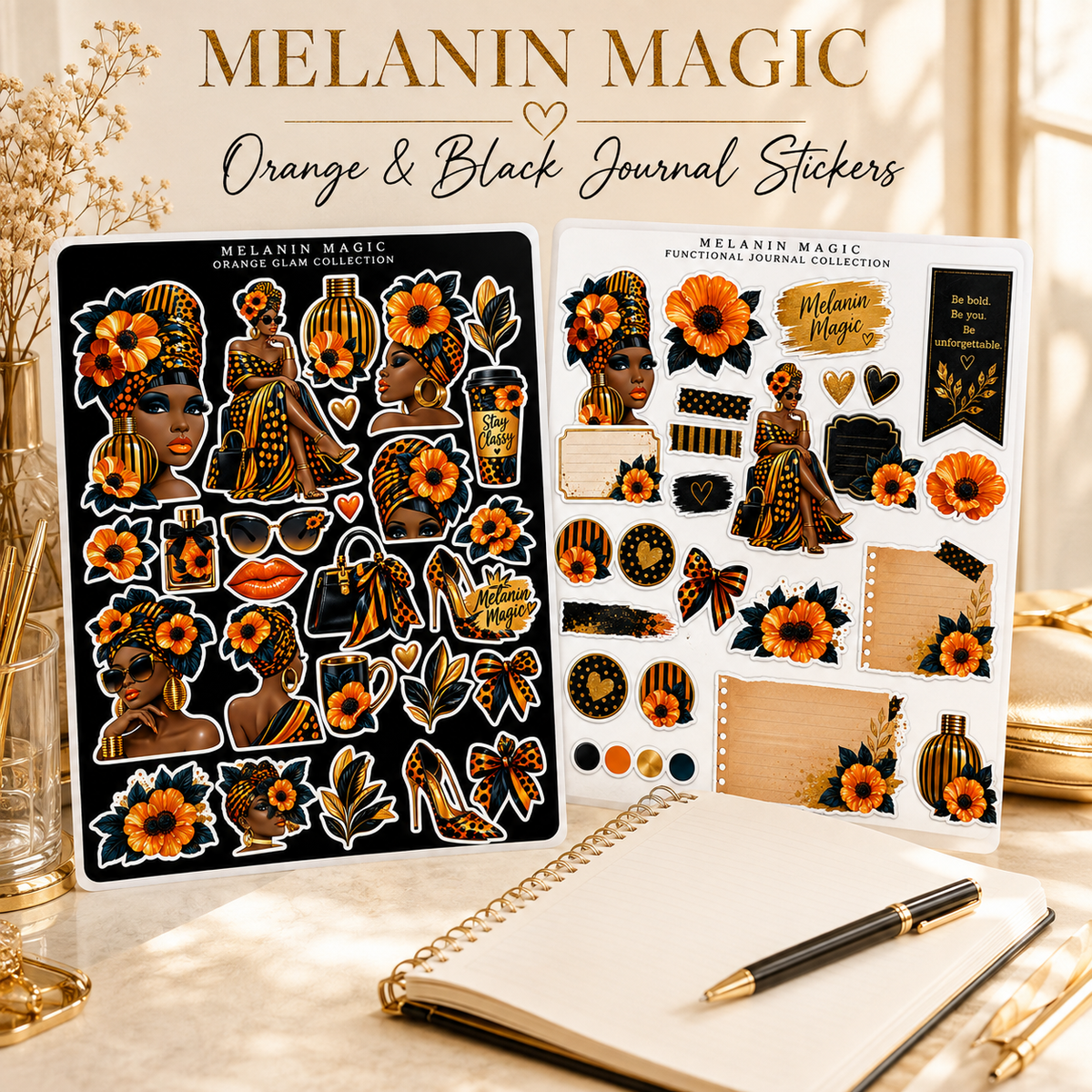 Melanin Magic orange and black journal sticker sheets styled with an open journal