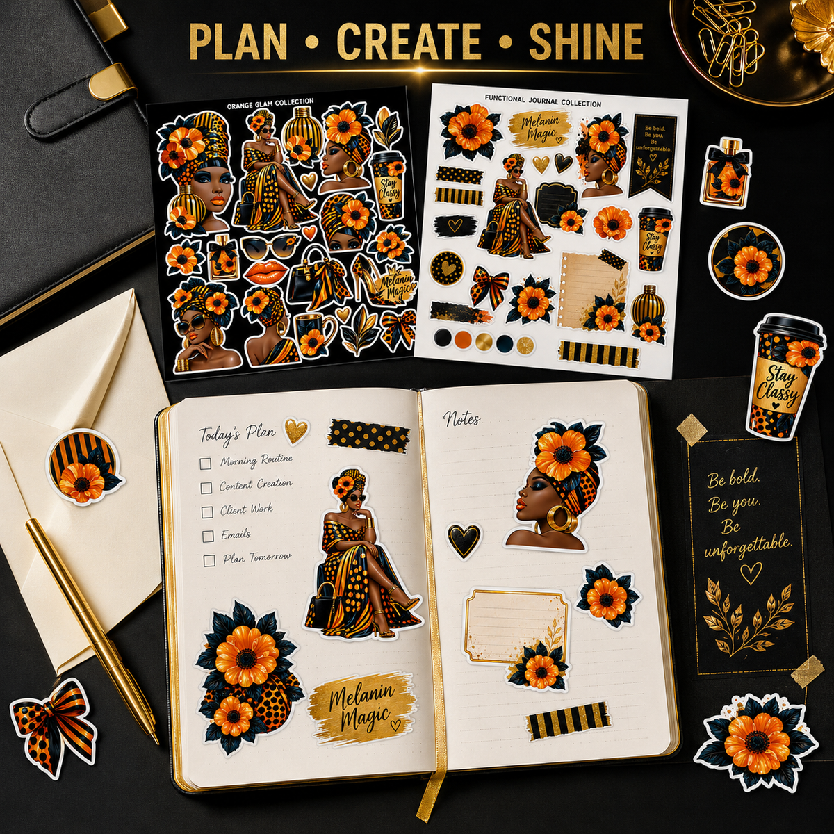 Orange and black Melanin Magic stickers used in an open journal