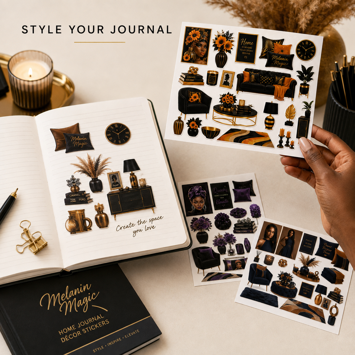 Melanin Magic home decor stickers shown in use in a journal