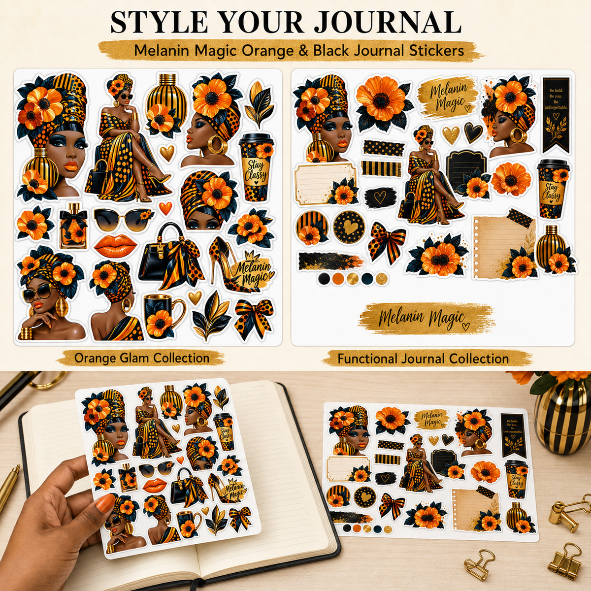 Two Melanin Magic sticker designs shown in a journalling setting
