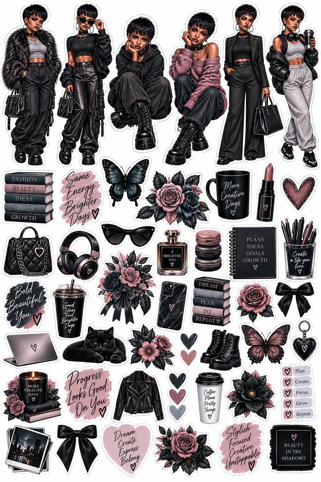 Midnight Steel – Journal Doll & Gothic Sticker Sheets — Midnight Journal Dolls printed sticker sheet