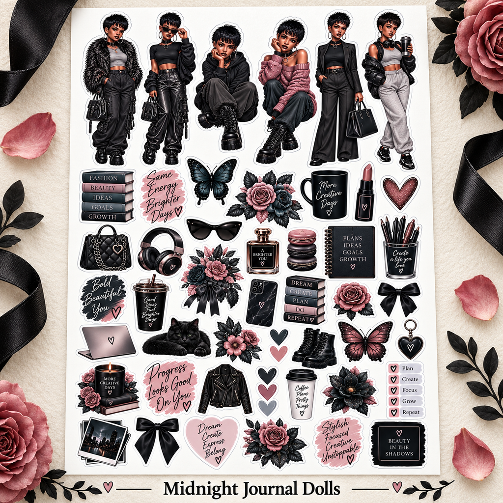 Midnight Steel – Journal Doll & Gothic Sticker Sheets — DOLLS luxury lifestyle sticker sheet mockup