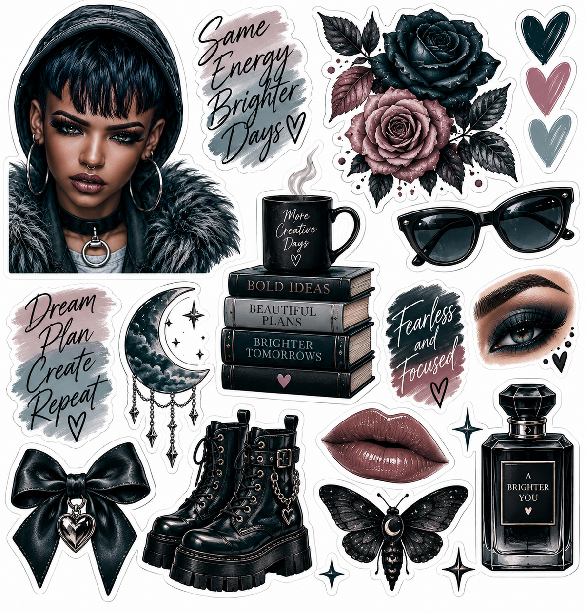 Midnight Steel – Journal Doll & Gothic Sticker Sheets — Midnight Portrait printed sticker sheet